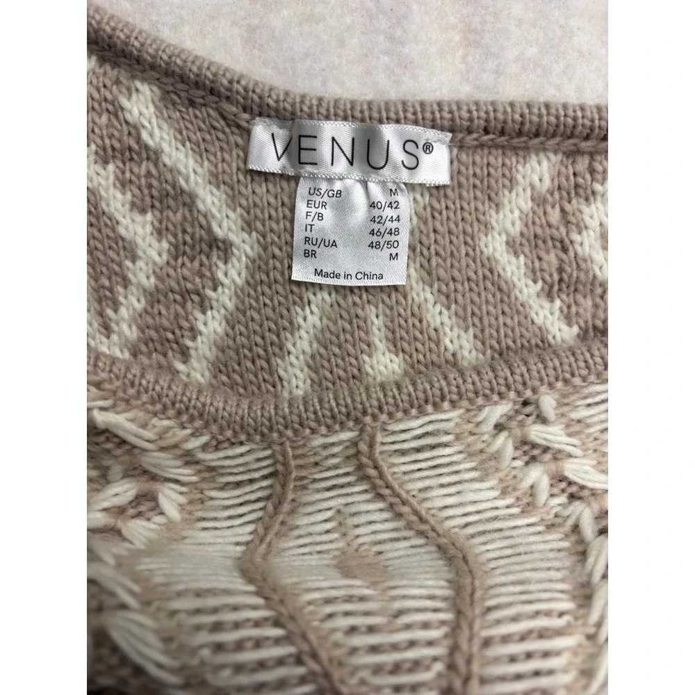 Venus Womens Tan Cream Geometric Cable Knit Boat Neck Tunic Sweater Size M - Picture 2 of 13